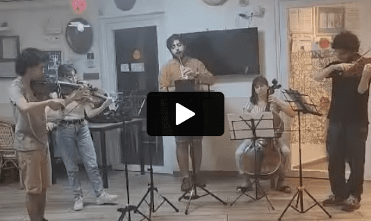 A group of musicians led by clarinetist Yuval Akuni perform at the nursing home Beit Hashemesh, following the attack